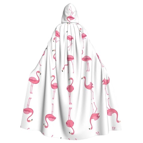 WURTON Flamingos auf weißem Karnevals-Umhang mit Kapuze, Unisex, Cosplay-Kostüme, Umhang für Erwachsene, 185 cm