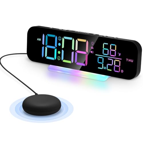 Begchy Vibrationsuhr mit Superlautem Alarm und Bettvibrator. Verschiedene Anzeigemodi mit Buntem RGB-LED-Nachtlicht