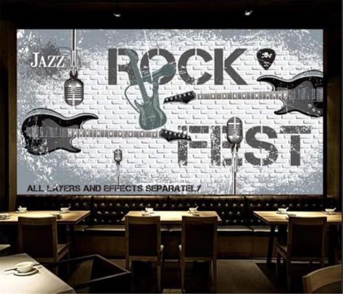 Rock Music White Brick Vintage Gitarre 3D Tapete Poster Restaurant Schlafzimmer Wohnzimmer Sofa TV Dekorative Wand-200cm×140cm