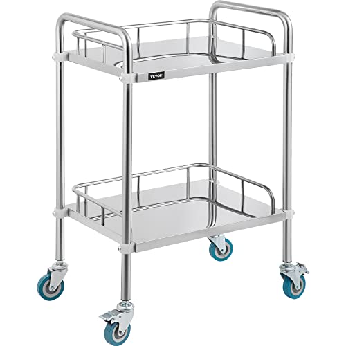 VEVOR Servierwagen Edelstahl Serving Lab Trolley 2 Böden Laborwagen Tragbar Abräumwagen Medical Dental Lab Cart Transportwagen Rollwagen Medizinisch Universalräder Zwei Fußbremsen Breite Anwendung