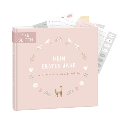 mintkind® Babyalbum "Mein erstes Lebensjahr" Blumen + Sticker Set | Baby Fotoalbum zum Selbstgestalten | Baby Geschenk für Mädchen und Junge | Babybuch zum Eintragen | Babytagebuch