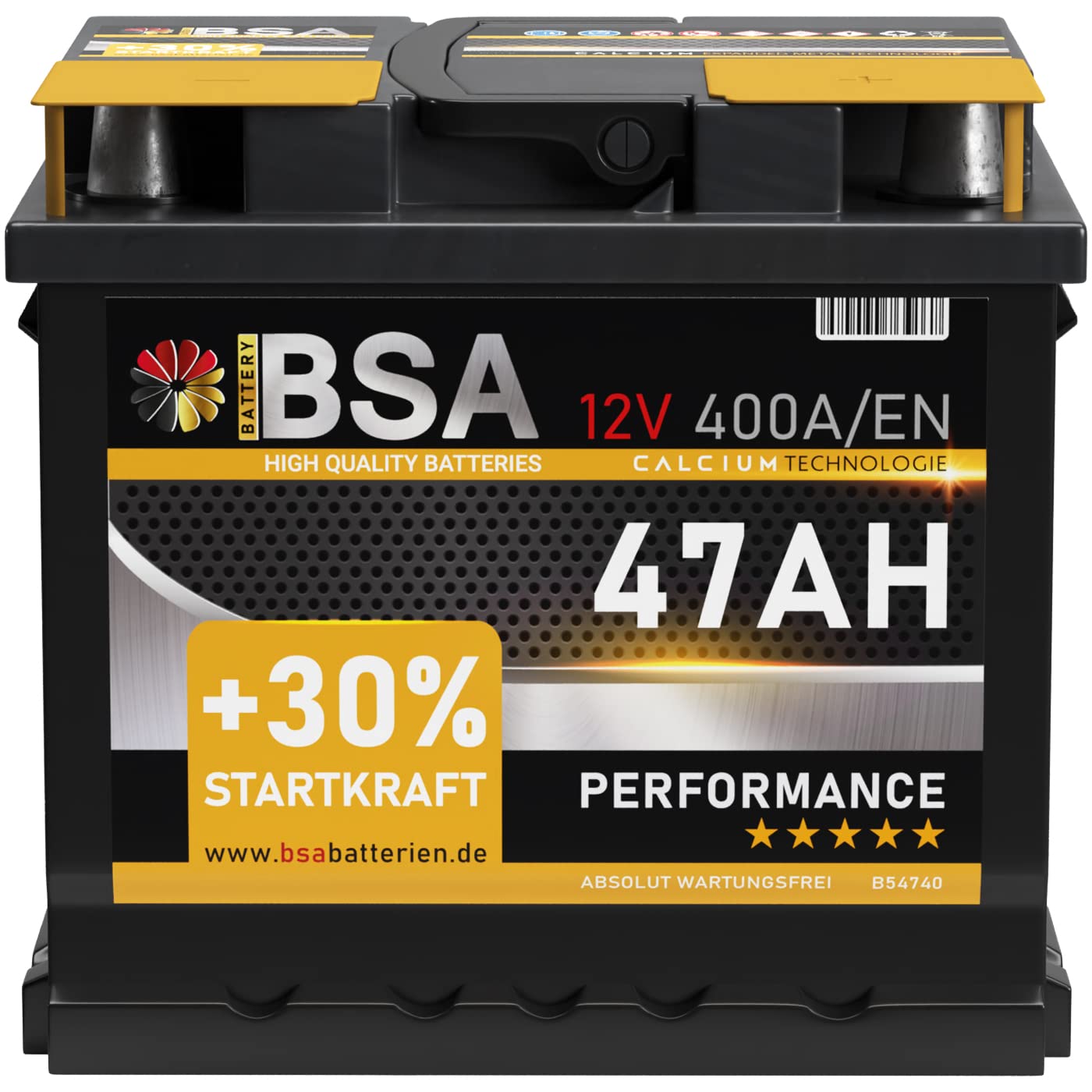 BSA Autobatterie 47AH 12V Batterie 400A/EN +30% Startleistung ersetzt 44Ah 45Ah 50Ah 46Ah 40Ah