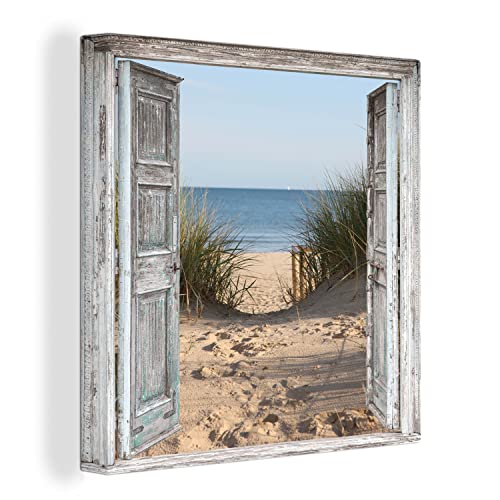 MuchoWow Leinwand Bilder Leinwandbilder Fensterblick Strand und Meer, wunderschöne Bilder mit Rahmen, Deko Wohnzimmer, Wanddeko Urlaub 90x90