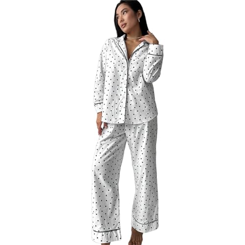 TAKOXIA Damen-Pyjama-Set mit süßem Herzmuster, langärmelig, Nachtwäsche, Reverskragen, Hemd und Hose, Loungewear, 2-teilig