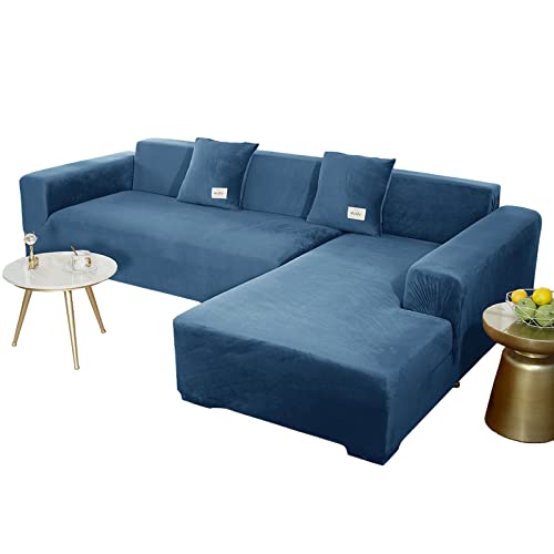 JHLD Sofabezug L Form, Stretch Sofabezug Samt L-förmiger Sofabezug Weiche Anti-rutsch Sofa Überwürfe Für Ecksofa-Blau-2 Sitzer+3 Sitzer