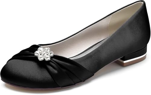 Satin-Hochzeitskleid-Schuhe für die Braut, Flache Schuhe, spitzer Zehenbereich, geschlossener Zehenbereich, Brautschuhe für die Hochzeit, Sandalen für Damen, Flache Sandalen, Schwarz, 4 UK