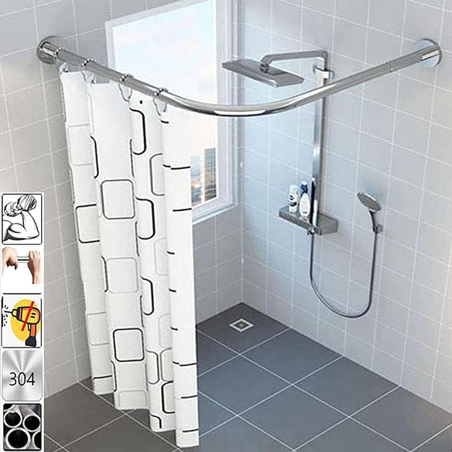 TT L-förmige ausziehbare Duschvorhangstange, gebogen, kein Bohren, Teleskop-Vorhangstange für die Badewanne, Badezimmer-Vorhangstange aus Edelstahl, 100% rostfrei, 70–95 x 70–95 cm, Silber,