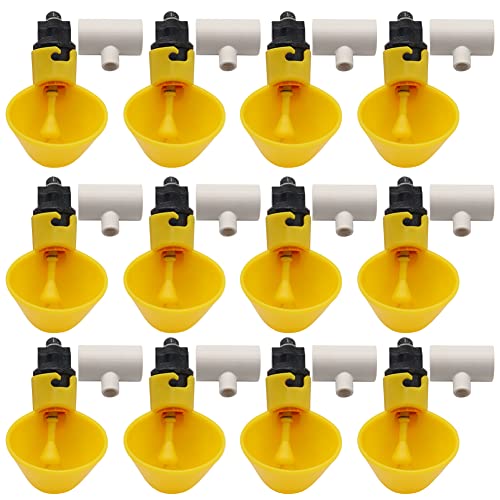 Automatischer Geflügeltränker, Huhn-Wasserbecher, 12 Stück, mit PVC-T-Armaturen, Vogeltränke, Bewässerungssystem für Geflügel, Wachteln, Ente, Huhn, Vogel (T-Stück, PVC, gelb)