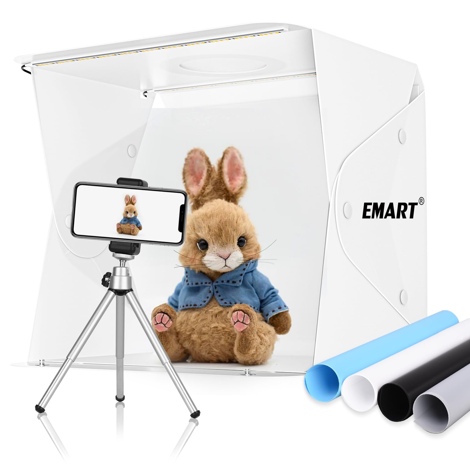 EMART Lichtzelt mit Beleuchtung, Foto Box 35x40cm Fotobox zum Fotografieren, 102 LED Beleuchtung Fotozelt mit 3 Lichtfarben, 2 5500K Weiße Streifen, 4 Hintergründe für Produktfotografie