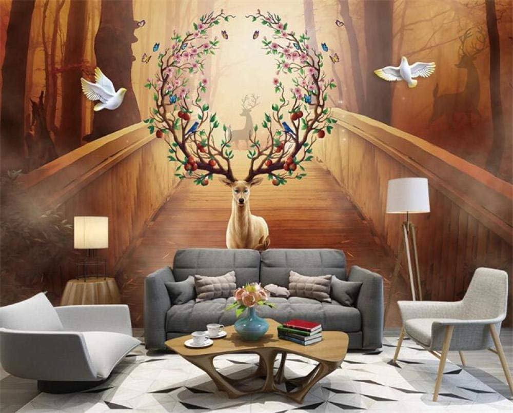 Abstrakte Wald Elch Boardwalk Fliegende Vögel 3D Tapete Poster Restaurant Schlafzimmer Wohnzimmer Sofa TV Dekorative Wand-200cm×140cm