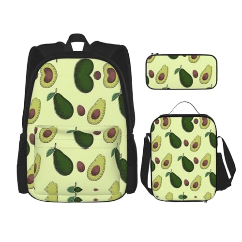 WURTON Schulrucksack mit Avocado-Motiv, 3-in-1, Büchertasche, Set mit Lunchbox, Federmäppchen, Reise, Laptop, Tagesrucksack