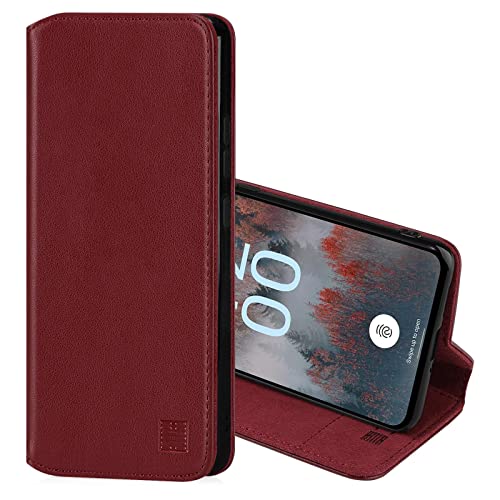 32nd Klassische Serie 2.0 - Lederhülle Case Cover für Nokia X30, Echtleder Hülle Mit RFID-Blockierung Kartensteckplatz, Magnetverschluss und Standfuß - Burgunder