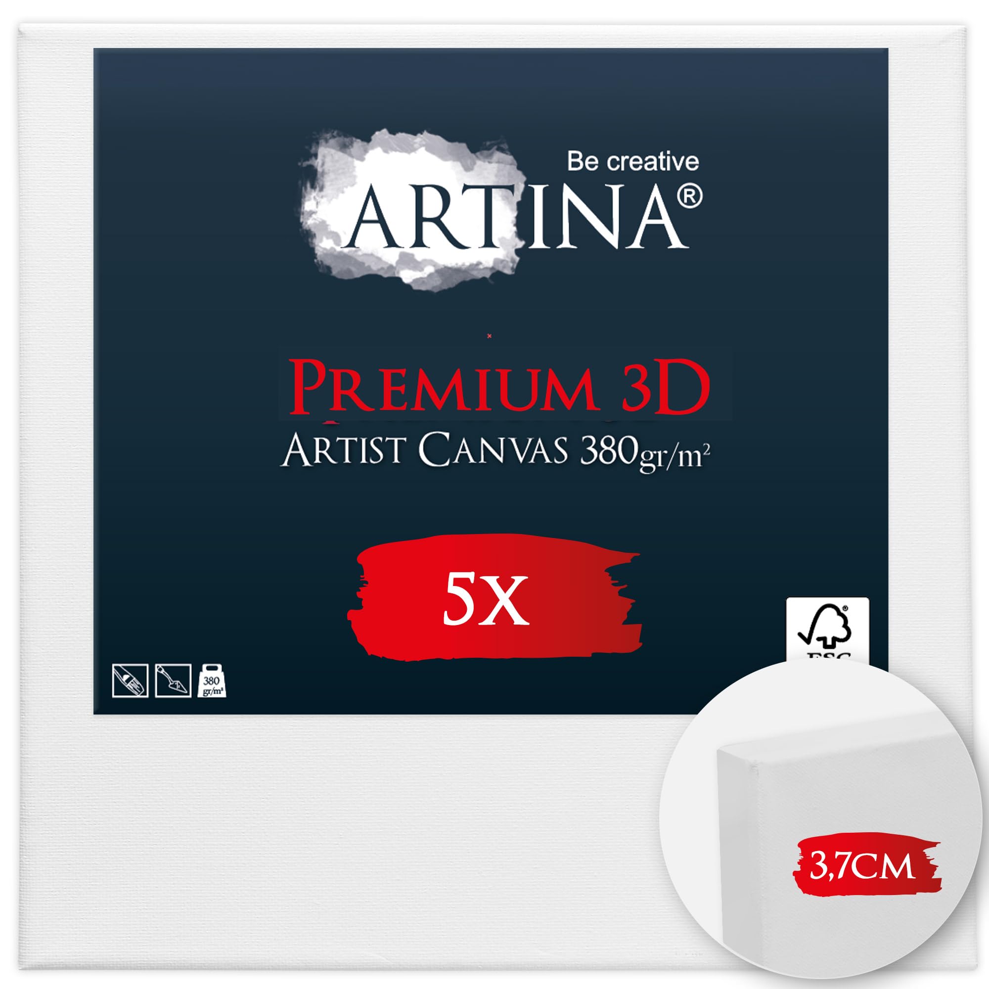 Artina 5er Set 3D Leinwand 50x50cm – Bespannt auf stabilem FSC® Keilrahmen, verzugsfrei, 3-fach weiß vorgrundiert, Premium Qualität, 100% Baumwolle, 380 g/m² – Künstlerbedarf