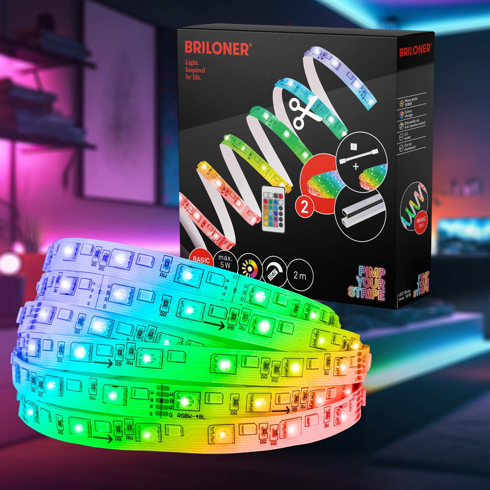 BRILONER - Pimp your Stripe Starter Set 2m LED Strip mit Fernbedienung, 3m Zuleitung, buntes RGBW, Kürzbar, Selbstklebend, LED Streifen, LED Lichtleiste, Zimmer Deko, Gaming Deko, LED Lichtband