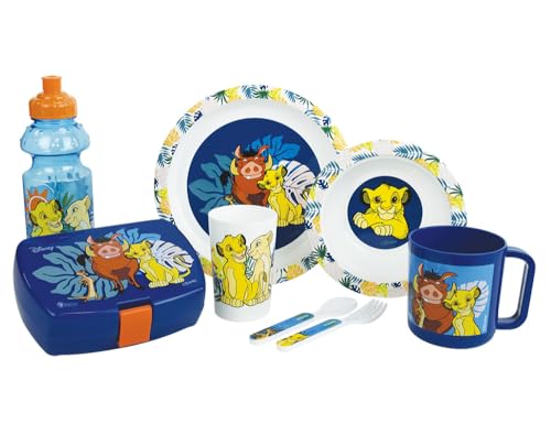 Le King Lion Geschirrset für Kinder mit Glas 220 ml, tiefer Teller Ø 16 cm, Teller Ø 22 cm, Becher 350 ml, Trinkflasche 350 ml, Snackbox und 2 Deckeln Höhe 13,5 cm – wiederverwendbar