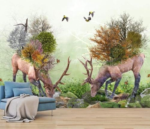 Elche Vögel Bäume Schmetterlinge 3D Tapete Poster Restaurant Schlafzimmer Wohnzimmer Sofa TV Dekorative Wand-400cm×280cm