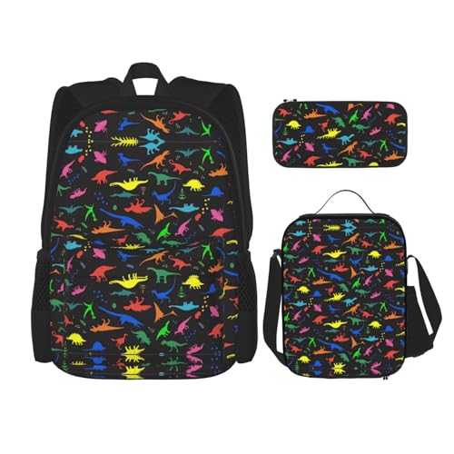 WURTON Süßer Dinosa-Druck, 3-in-1-Sets, lässig, verstellbarer Schulter-Rucksack, Lunch-Tasche, Federmäppchen, Beutel, Schwarz, Einheitsgröße