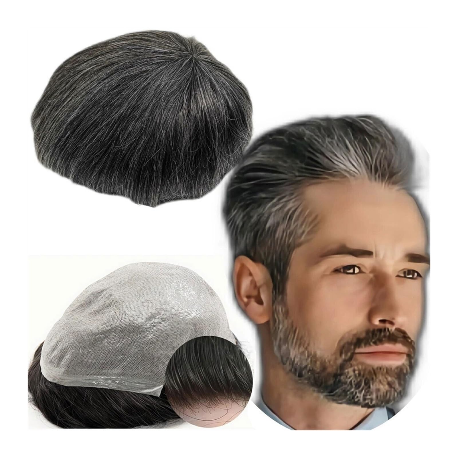 Perücke Männer 0,04 PU-Haut-Poly-Prothesen-Toupet for Männer, Yanahair-Glatthaar-Ersatzsystem, 100% europäische Echthaar-Haarteile Toupet für Herren(Black and grey)