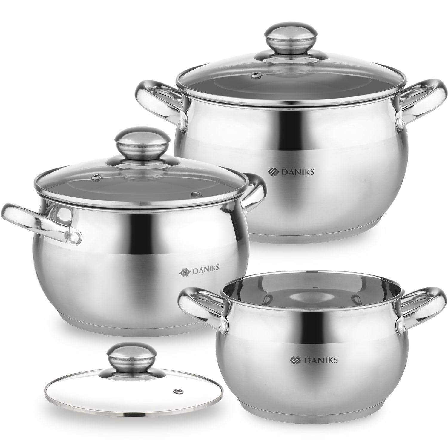 Daniks Classic Induktion Kochtopfset Edelstahl mit Deckel | Kochgeschirr Set für Alle Herdarten | 6-teliges | 2 L Ø 16 cm + 3 L Ø 18 cm + 4 L Ø 20 cm