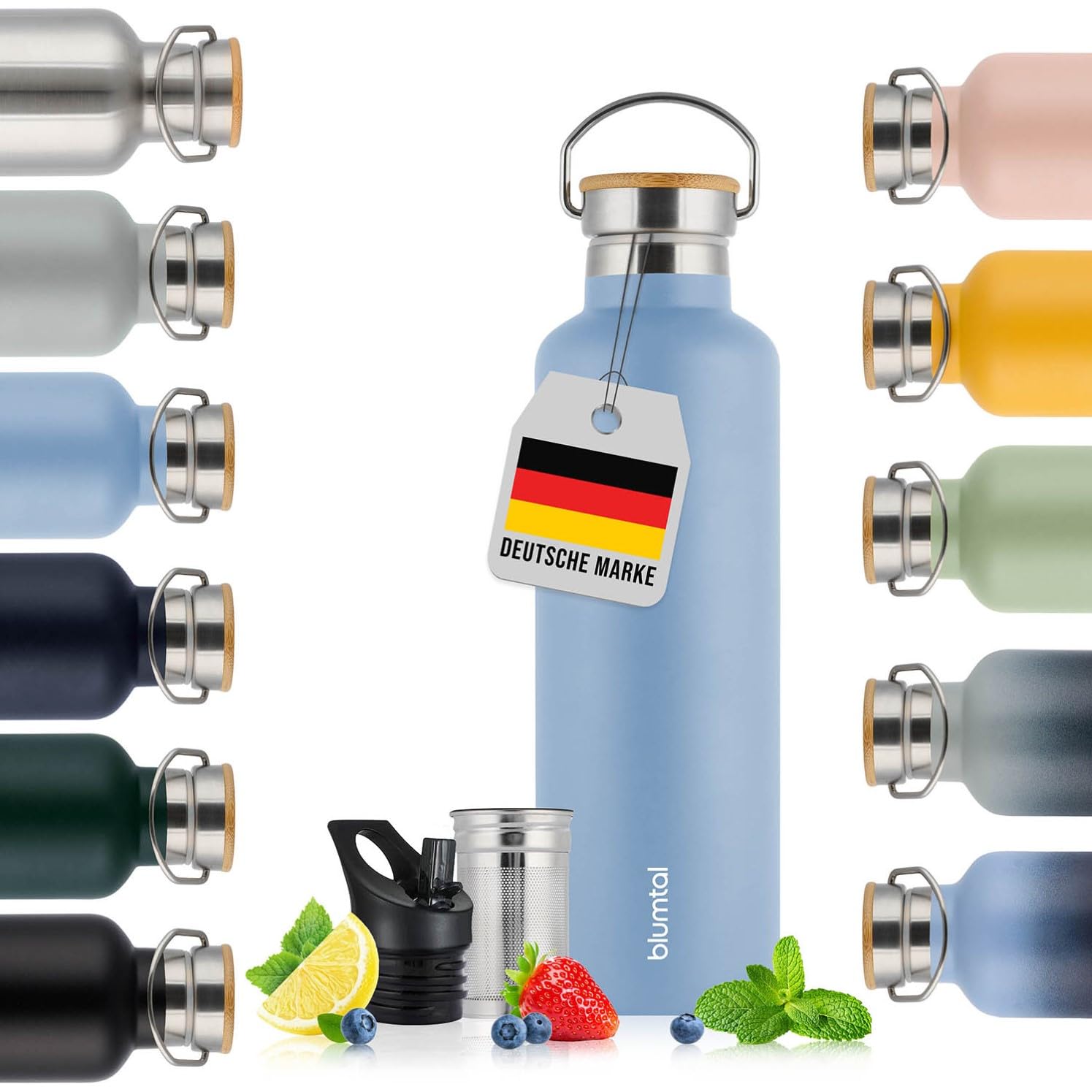 Blumtal Thermosflasche 1L - doppelwandige Trinkflasche Edelstahl 1L - Isolierflasche 1L BPA frei - Edelstahl Trinkflasche 1L - Teeflasche - Trinkflasche Thermo - Sportflasche 1000ml - Grey Blue