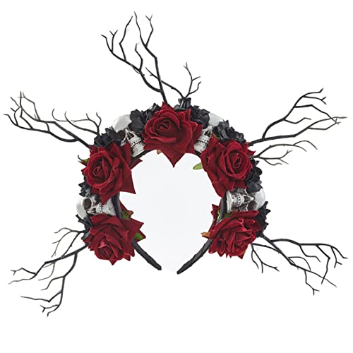 SANRLO Stirnbänder, Haarschmuck für Damen, Gothic-Blumenkronen für Damen, Gothic-Totenkopf-Stirnband, Baumzweig-Stirnband, Blumengeweih, Krone, Halloween-Stirnband