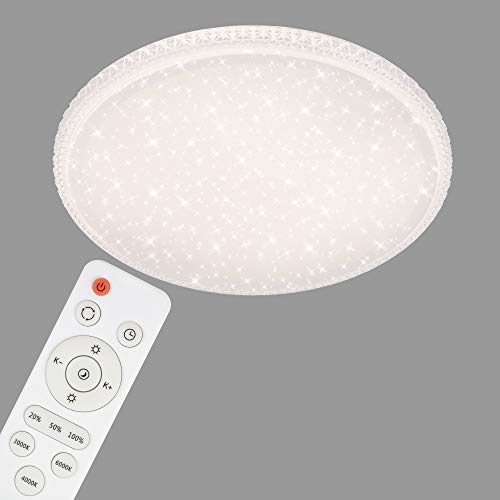 Briloner Leuchten LED Deckenleuchte mit Sternendekor und transparenten Kristallen, Deckenlampe dimmbar, Fernbedienung, inkl. Nachtlicht, Timer-& Memoryfunktion, Weiß, Ø 59,5cm, 48 W