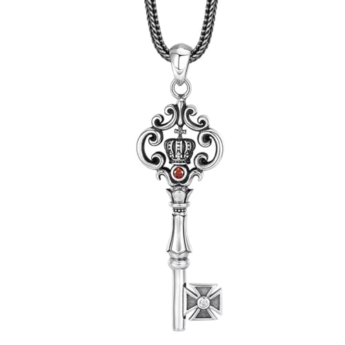 VOYADE S925 Sterling Silber Schlüssel Krone Anhänger, Männer Und Frauen Personalisierte Schlüssel Sterling Silber Anhänger Halskette,Silber,Pendant + Chain 65cm