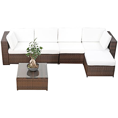 XINRO® Rattan Garten Lounge XXL 18-TLG 4-Sitzer Polyrattan braun-Mix Kissen Weiss