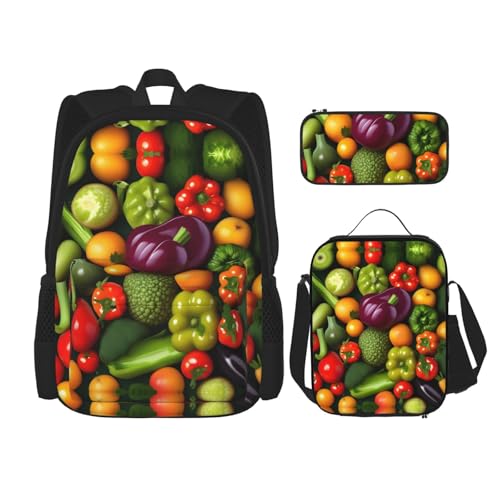 WURTON Reise-Lunchbox, Federmäppchen, Rucksack-Set, 3-teilig, verstellbare Riemen, leicht, Schwarz, Einheitsgröße