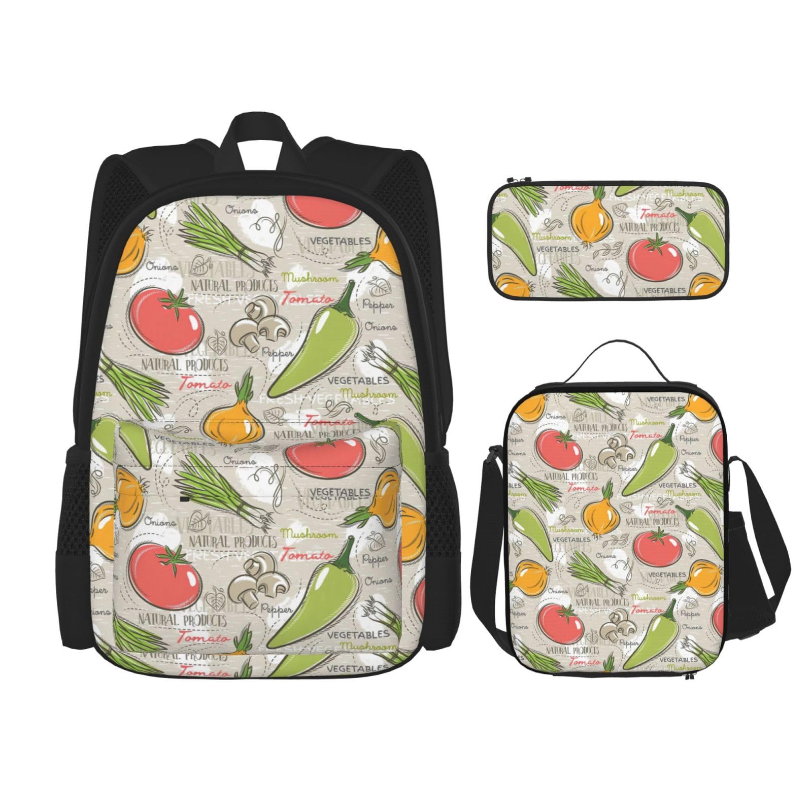 WURTON Lunchbox mit Gemüse, Obst, Federmäppchen, Rucksack-Set, 3-teilig, verstellbare Riemen, langlebig, leicht, Schwarz, One Size