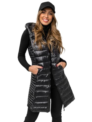 BOLF Damen Weste Lange Steppweste Bodywarmer Daunenweste Vest Funktionsweste Ärmellos Mantel Sportweste Winter Kapuze Warm Freizeit Outdoor 16M9113 Schwarz M [U1U]