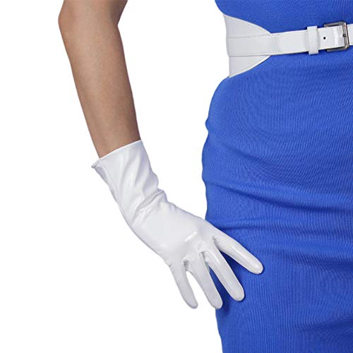 DooWay Latex Frauen Lange HANDSCHUHE PU Leder Lack Weiß Farbe Oper Ellenbogen Kurz Wetlook Abend Party, Weiß, 28 cm, Medium