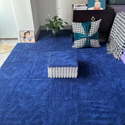 30 Stück Fuzzy 12x12 Zoll Teppichquadrate, ineinandergreifende Plüsch-Bodenfliesen, Puzzleteil-Bodenmatte, Puzzlematte für Spielzimmer, Wohnzimmer, Marineblau, 0,39 Zoll