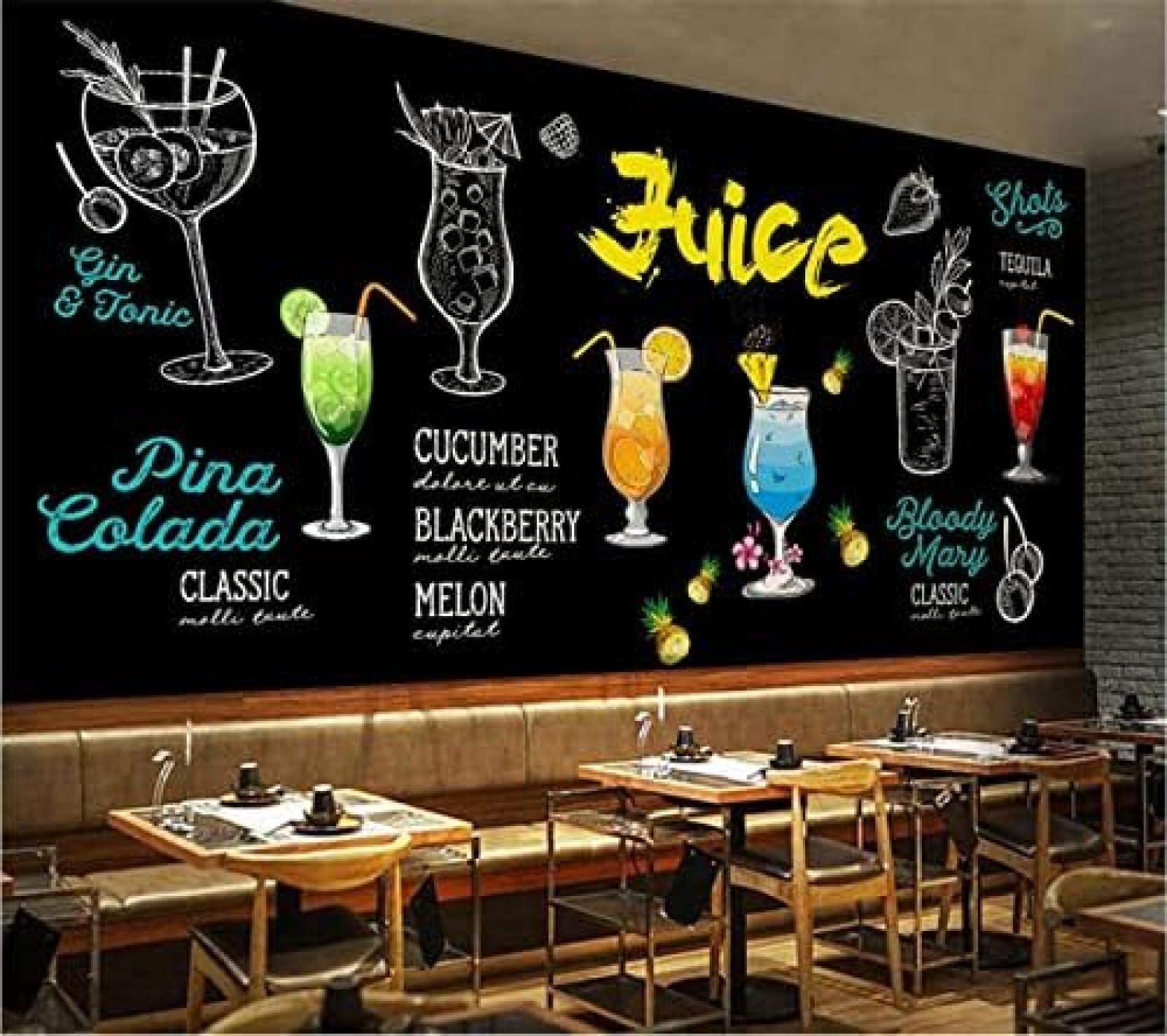 XLMING Chalkboard Style Frischer Saft Milch Tee Shop Burger Shop Arbeitskleidung 3D Tapete Wohnzimmer Sofa Schlafzimmer Esszimmer Home Dekoration Wand-150cm×105cm