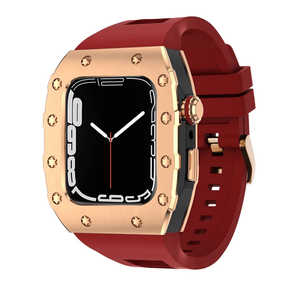 KANUZ 45 mm luxuriöses Metallgehäuse-Silikonarmband für Apple Watch, Mod Kit, 44 mm Modifikationsset für iWatch Serie 8, 7, SE, 6, 5, 4, Armband (Farbe: RGBR, Größe: 44 mm für 6/5/4/SE)