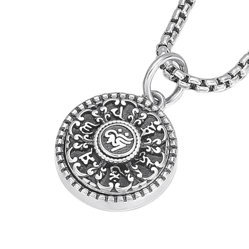 VOYADE S925 Sterling Silber Sechs Zeichen Anhänger, Männer Und Frauen Vintage Kleine Runde Plakette Anhänger Halskette,Silber,Pendant + Chain 60cm