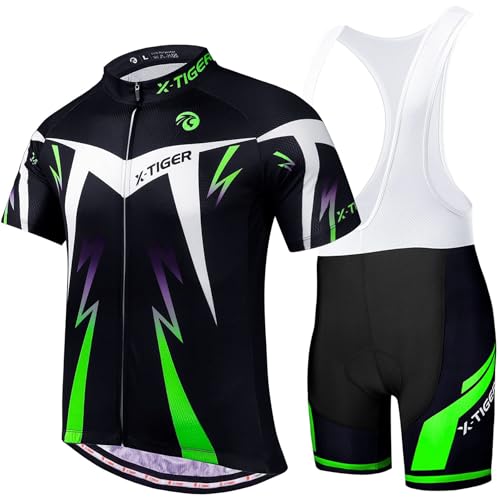 X-TIGER Herren Radtrikot Set Kurzarm mit 5D Sitzpolster für MTB Rennrad Fahrrad Radtrikot + Trägerhose Radsportanzug (Grün/Kurzarm Radtrikot + Trägerhose, 3XL)