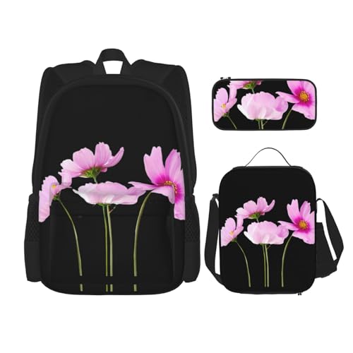 WURTON Rucksack-Set, Motiv: rosa Blätter, Blumen, verstellbare Schultergurte, Lunch-Tasche, Federmäppchen, Kombinationstaschen-Set