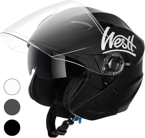 Westt Jethelm mit Visier und Sonnenblende Motorradhelm Herren Damen Rollerhelm Mopedhelm Mofa Chopper Helm Motorrad Halbhelm ECE 22.06 & DOT Zertifiziert