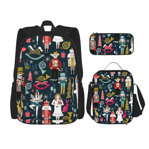 Women_S 3-in-1-Büchertaschen-Set, verstellbarer Schulter-Rucksack, Lunch-Tasche, Federmäppchen, Tasche, Schwarz, Einheitsgröße