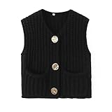 Sweater Vests Women 2024, Women's Button Front V Neck Sleeveless Crochet Solid Checkered Knit Sweater Vest with Pockets (Black,Large)