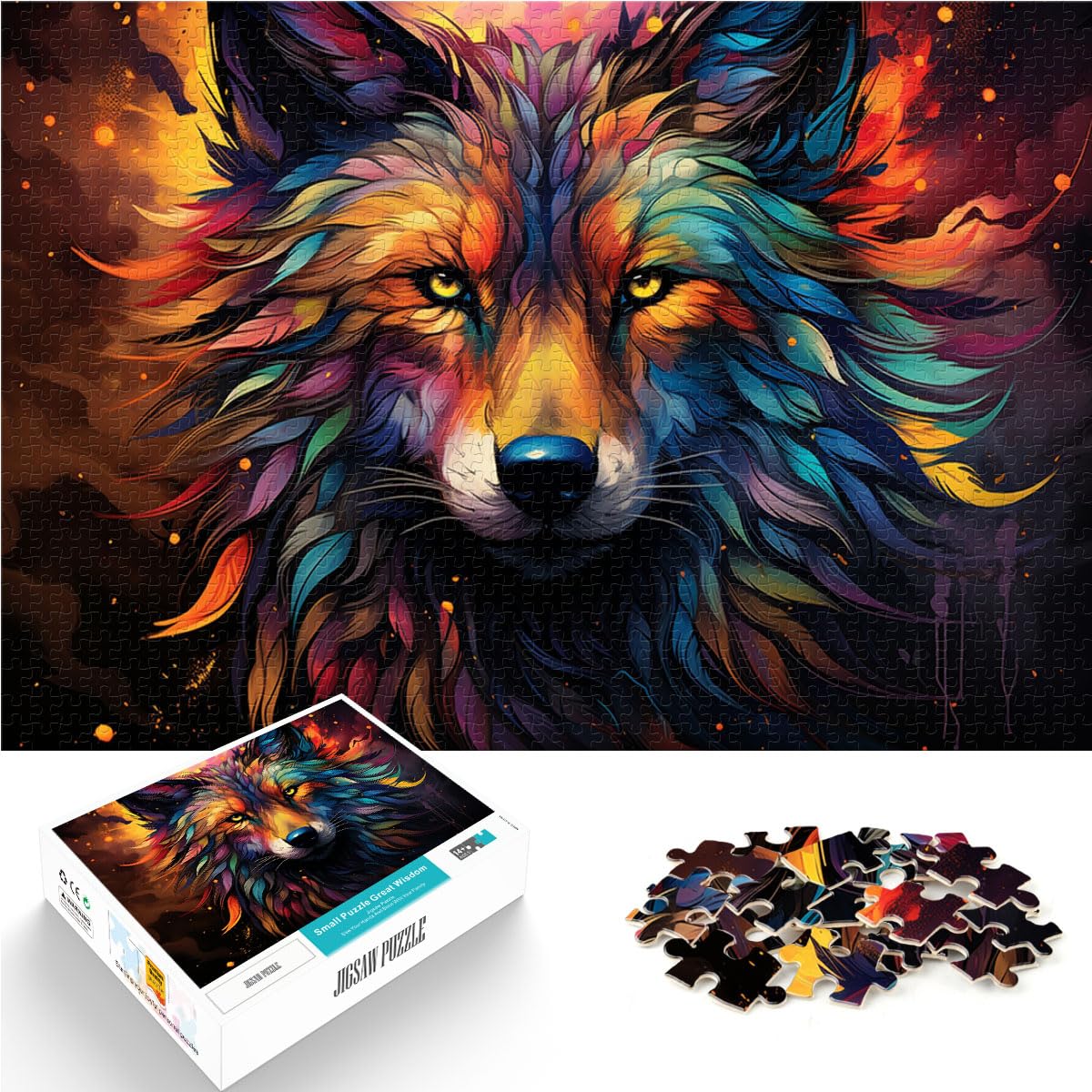 Puzzle für Fantasy-Farbmalerei, Wolf, 1000-teiliges Puzzle für Erwachsene, Holzpuzzle, interessantes Puzzle zur Stressreduzierung, 1000 Teile (50 x 75 cm)