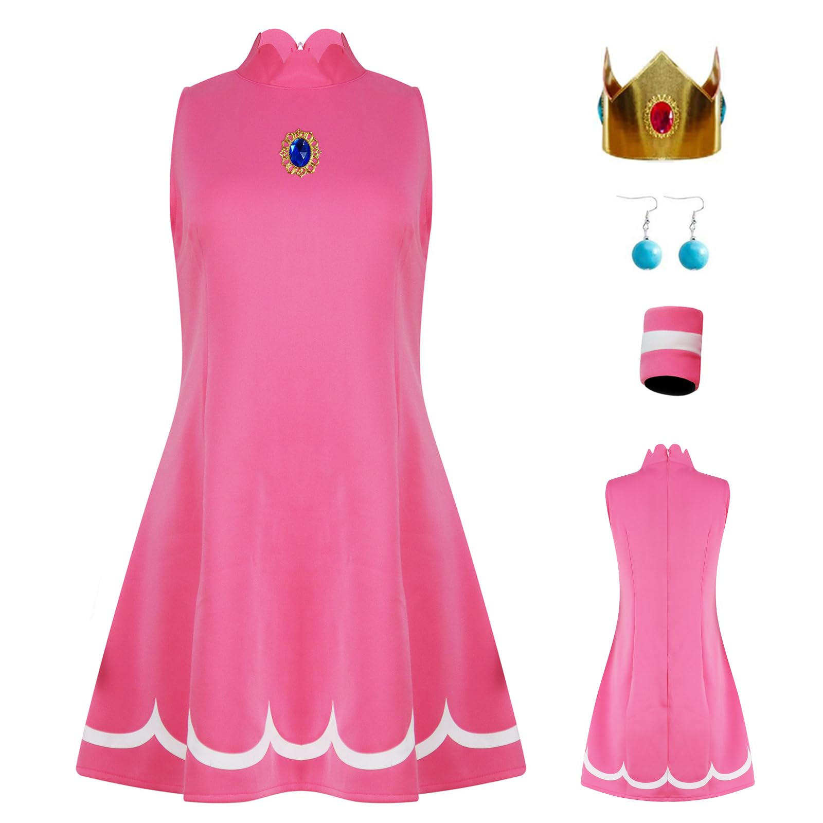 AYYOHON Prinzessin Pfirsich Cosplay Kostüm Damen Prinzessin Gänseblümchen Rosalina Tenniskleid mit Krone Ohrringe Erwachsene Halloween Anzug XS