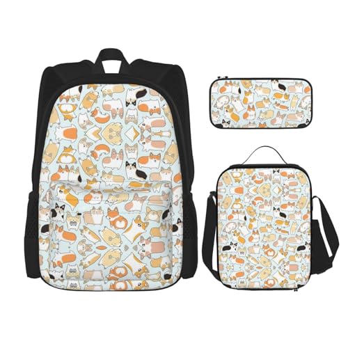 WURTON Corgi Rucksack mit Hunde-Motiv, für Mädchen und Jungen, Schultaschen, Lunchbox, Federmäppchen und 3-in-1-Büchertaschen-Set