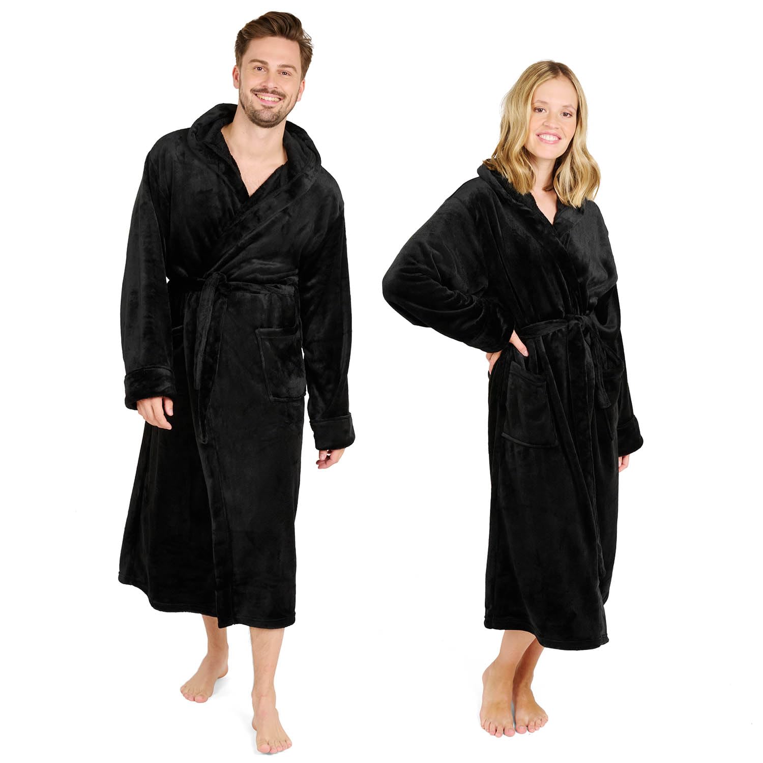 Blumtal Bademantel Damen und Herren - kuschelig weicher Fleece Bademantel mit Kapuze & praktischen Fronttaschen, Oeko-TEX® Zertifiziert, Größe S, Farbe Schwarz