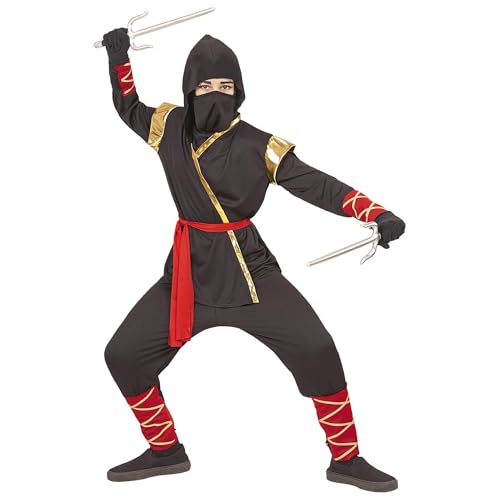 Widmann - Kinderkostüm Ninja, Oberteil mit Kapuze, Hose, Gürtel, Maske, Arm- und Beinbänder, Karneval, Mottoparty