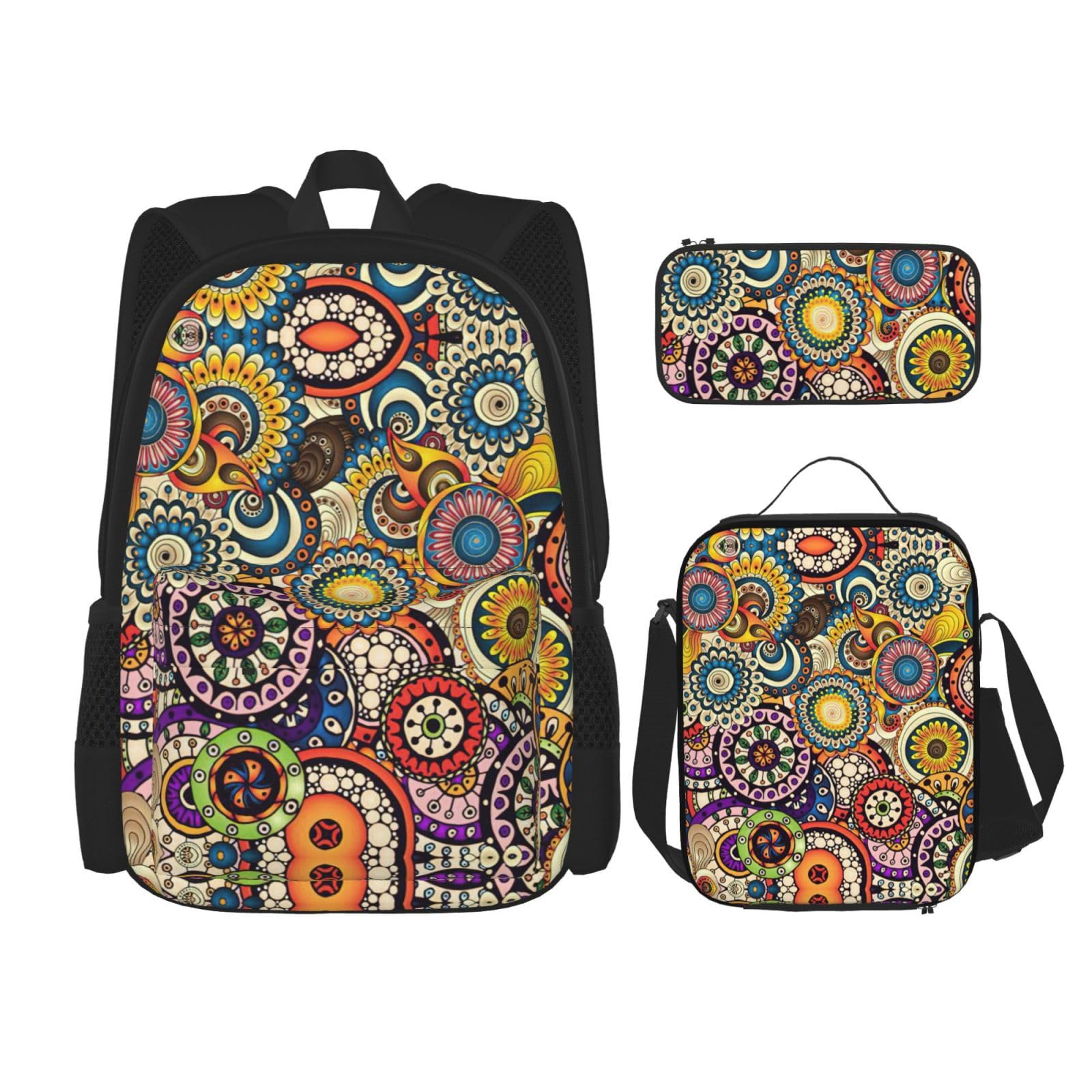 WURTON Schulrucksack-Set mit ethnischen Kreisen, Blumenmuster, Schultasche mit Lunchtasche, Federmäppchen, Kombination, Schulranzen-Set