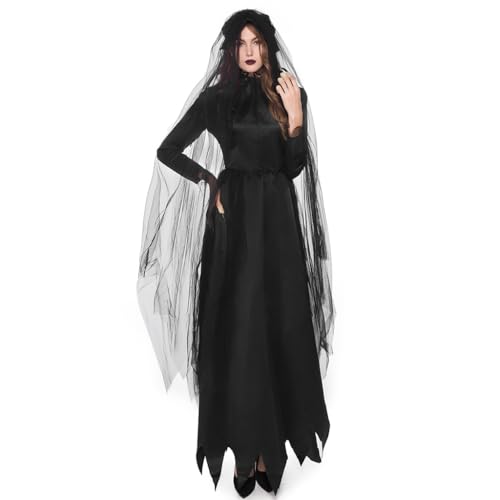 Avejjbaey Frauen Halloween Braut Schwarzes Hexenkleid Cosplay Kostüm Outfit