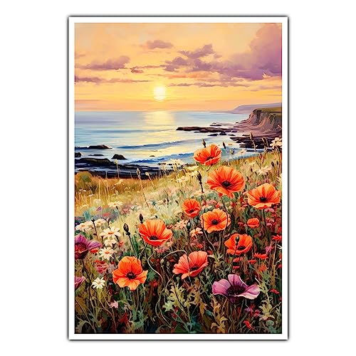 CanvasArts Frühling/Sommer Blumenwiese C - Poster - Meer Blumen Küste Landschaft Sonne Wiese (70 x 50 cm, Poster, Blumenwiese C)