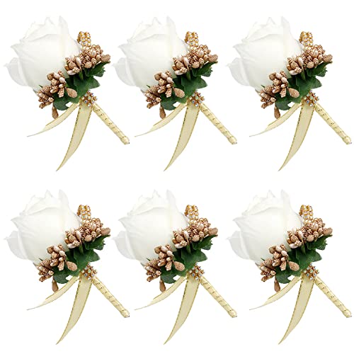 Armband Hochzeitsblumen, Brautjungfern -Armbandband, 6pcs Hochzeit Boutonniere Blume, Blume Revers Pin Boutonniere Corsage Accessoire Girls Männer künstliche Rosencors for Braut Bräutigam (Color : Wh